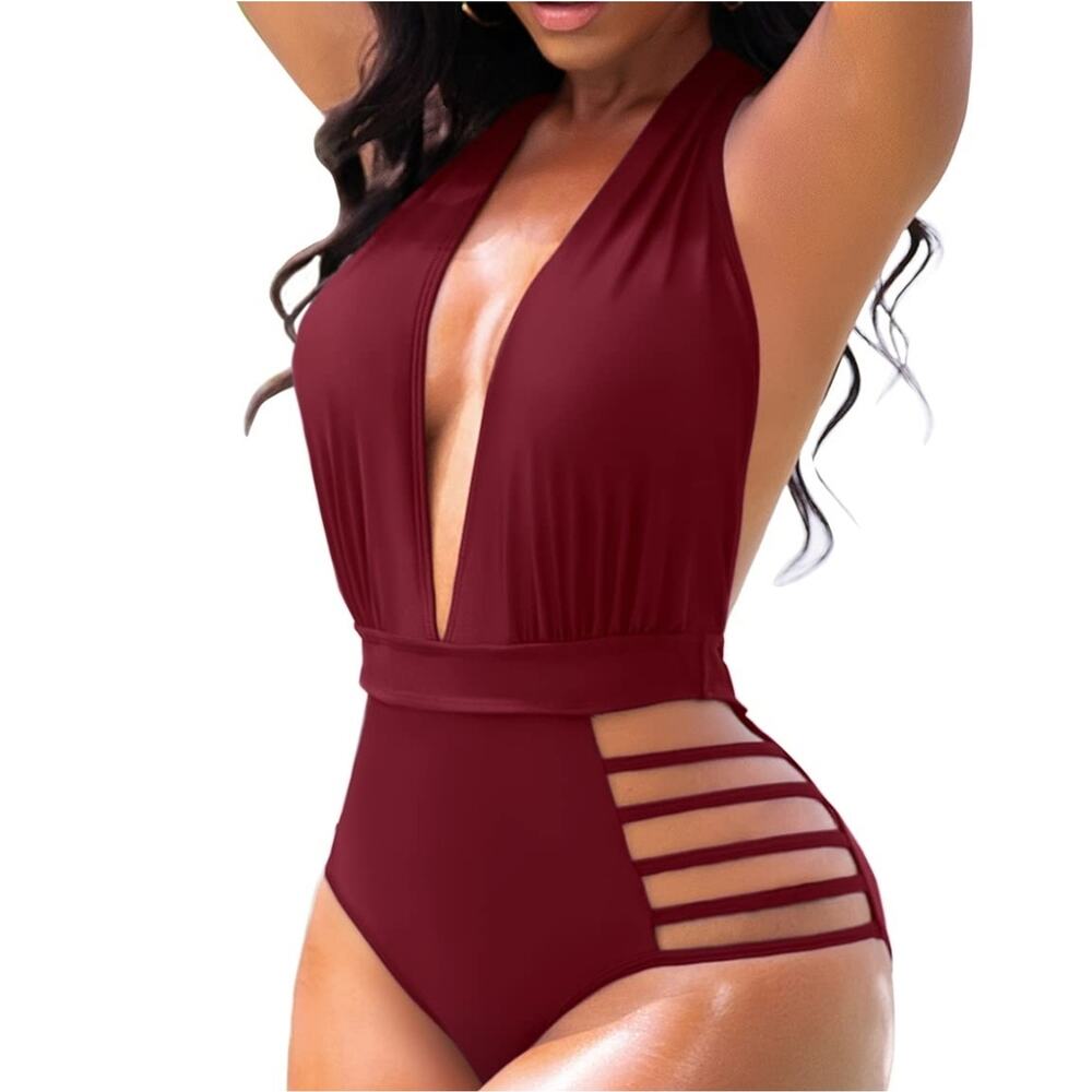 New Sexy Plunge V Swimsuit Halter Cutouts Wine Red 817 Women's Size‎ M